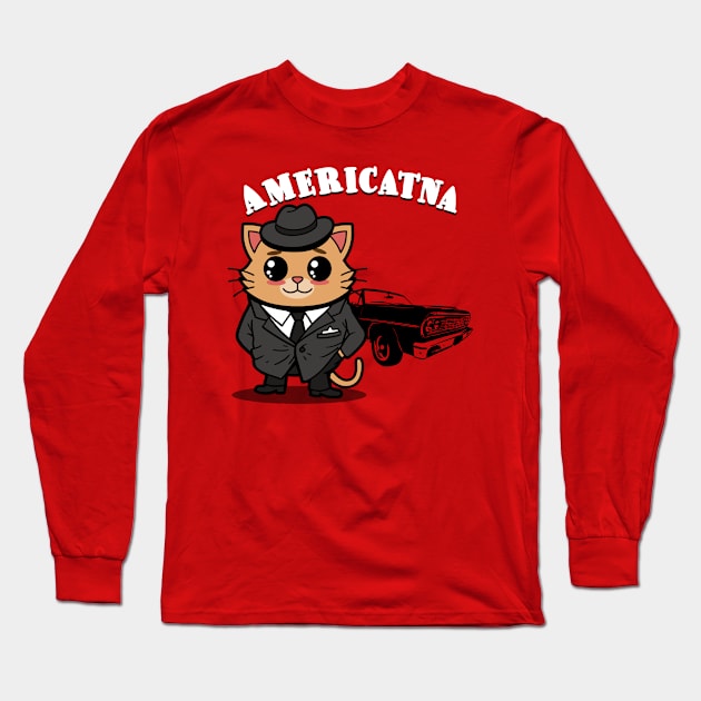 Americatna Cute Vintage Retro Classic Cars Americana Gangster Cat Long Sleeve T-Shirt by BoggsNicolas